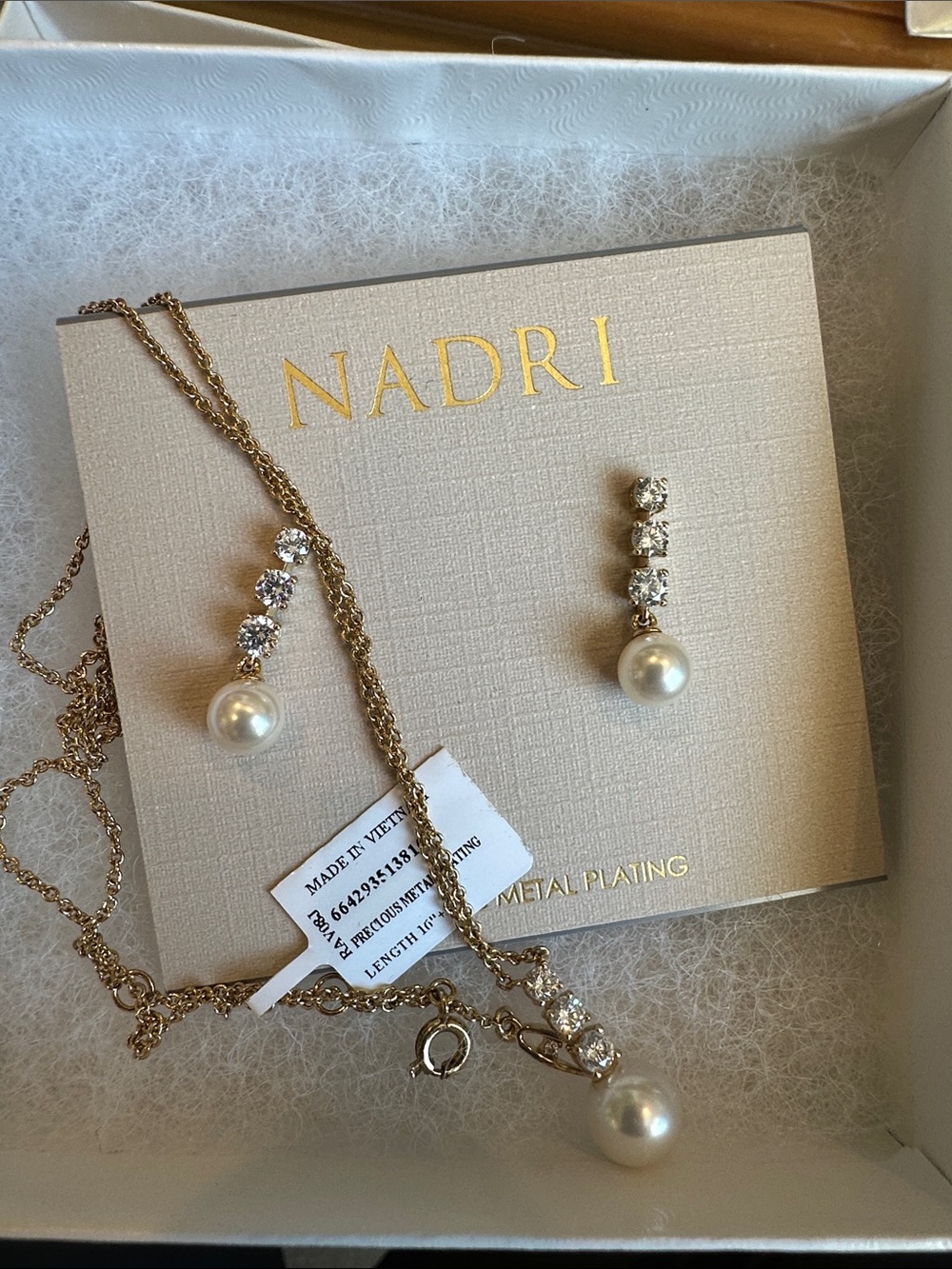 NWT Nadri Gold Pearl Drop Necklace and Earrings Set - Ivory Pearls